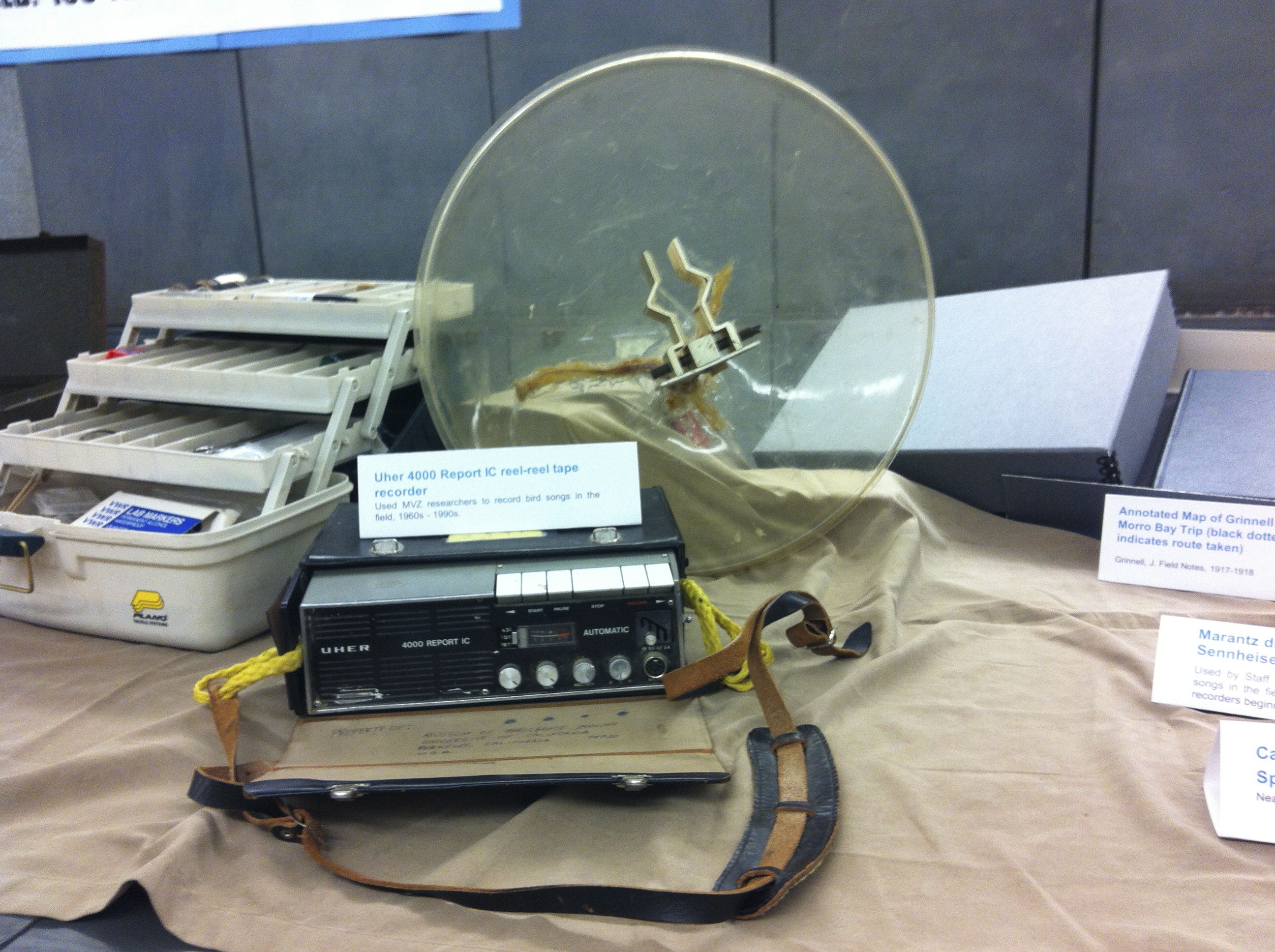 A Uher 4000 Report IC reel-reel tape recorder, used by MVZ researchers to record bird songs in the field from the 1960s to the 1990s.