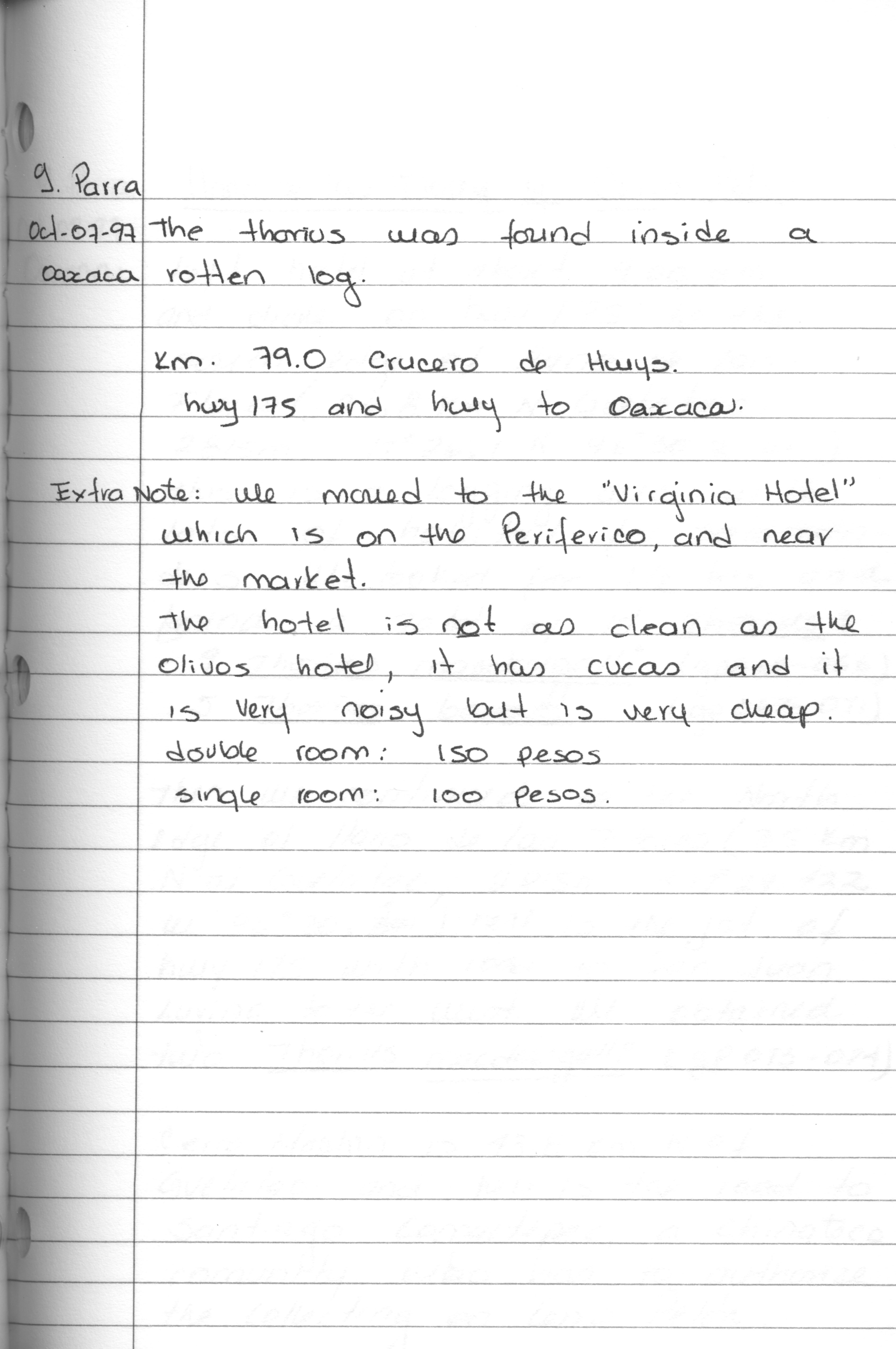 Digitized by Samantha, this page from Gabriela Parra-Olea's 1997 journal describes a hotel stay in Oaxaca, Mexico.