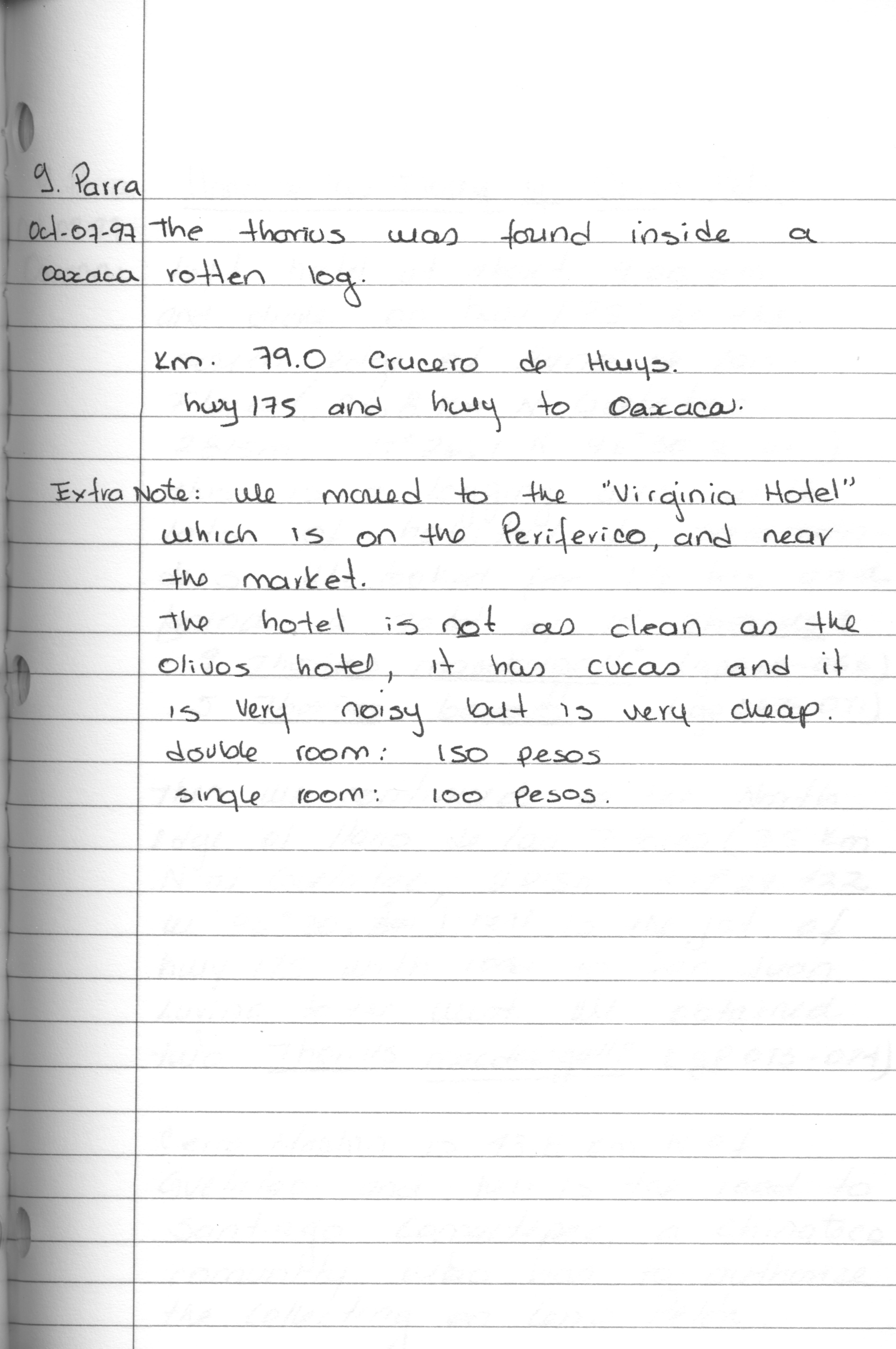 Digitized by Samantha, this page from Gabriela Parra-Olea's 1997 journal describes a hotel stay in Oaxaca, Mexico.