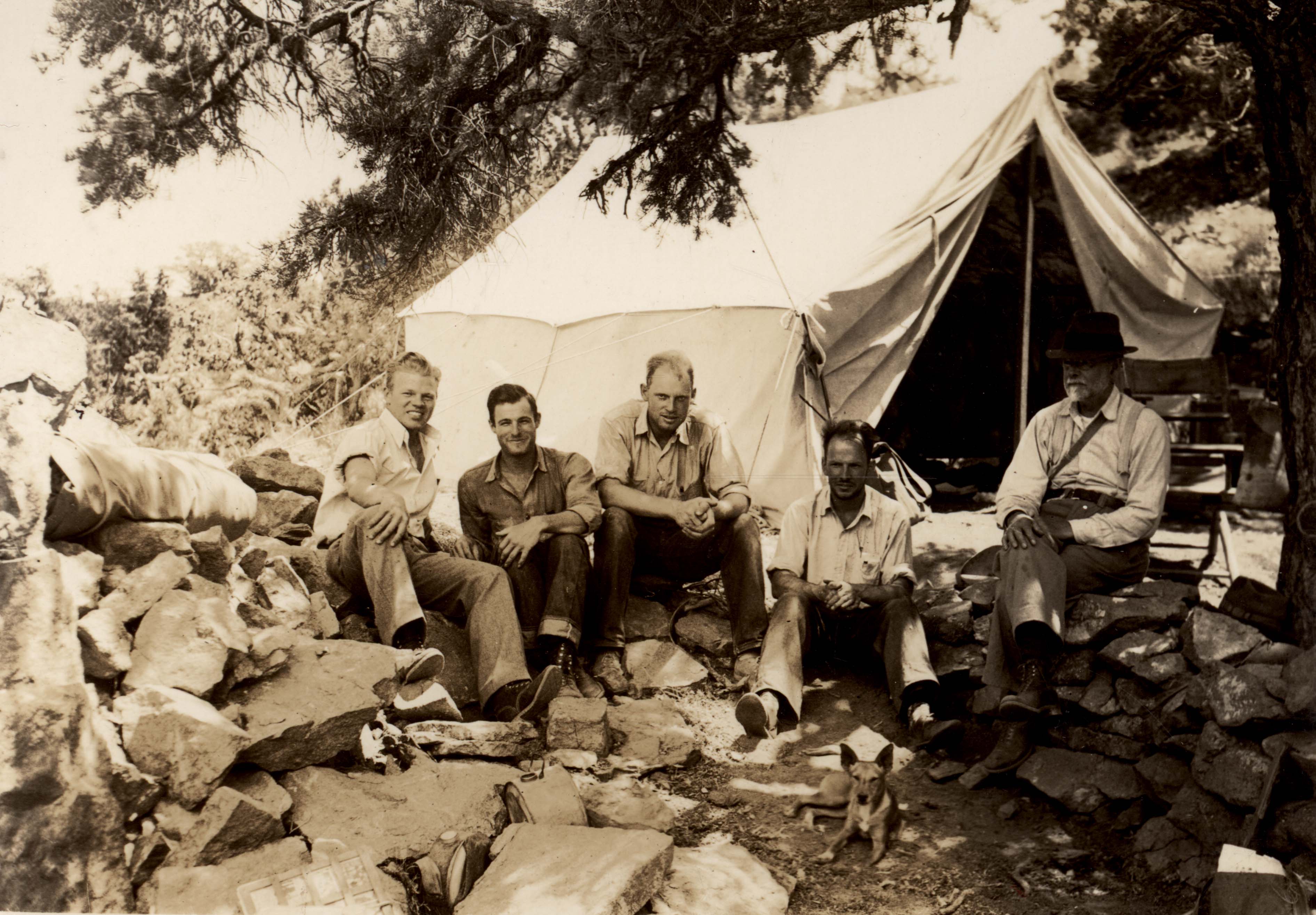 From left to right: Elmer Aldrich, Dale Avery, Dave Johnson, Tom Rodgers, and Joseph Grinnell. Cedar Canyon, Providence Mountains, San Bernardino County, California. June 1, 1938.