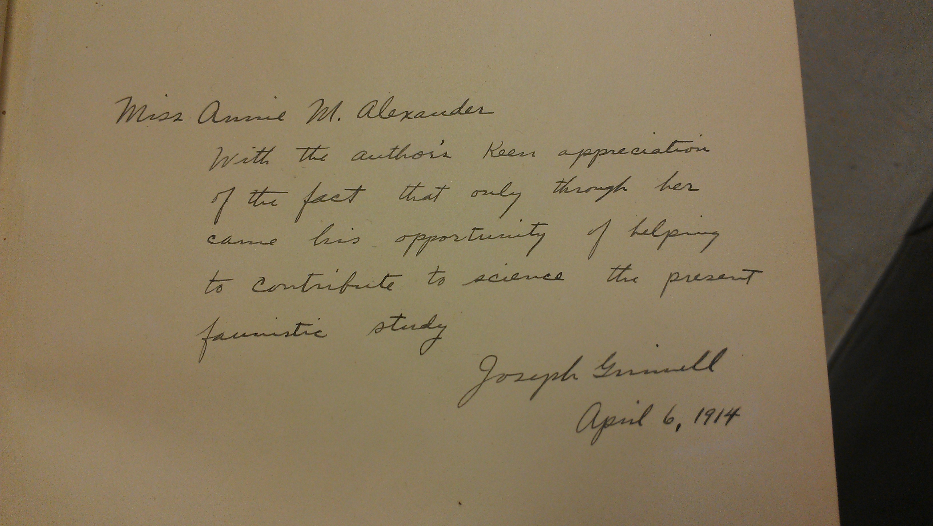 Joseph Grinnell's inscription to Annie Alexander for "An Account of the Mammals and Birds of the Lower Colorado Valley"