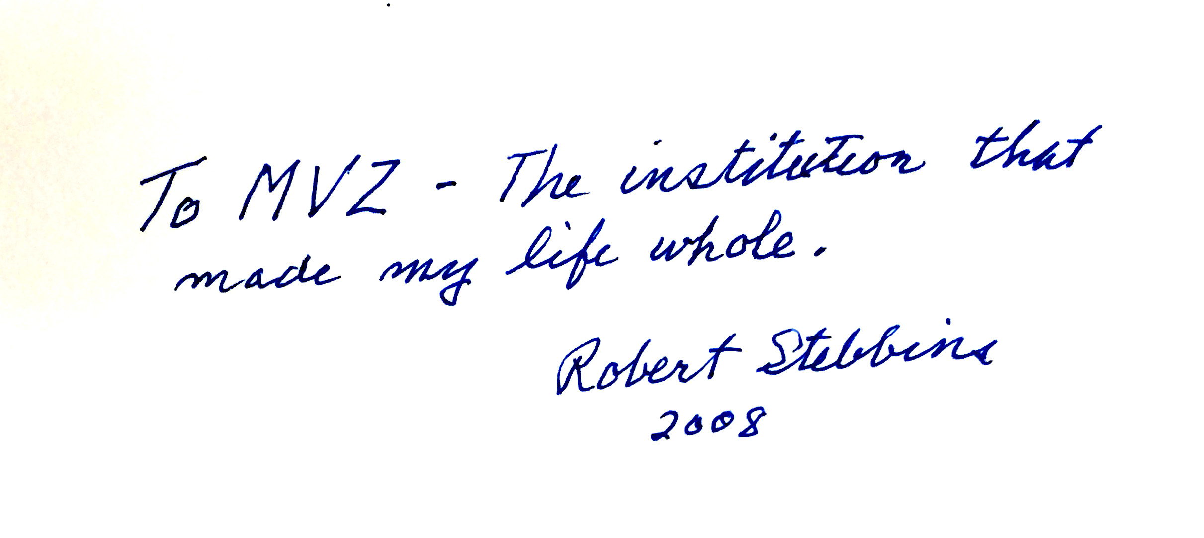 Inscription by Robert C. Stebbins in Animal coloration: activities on the evolution of concealment, 2008.
