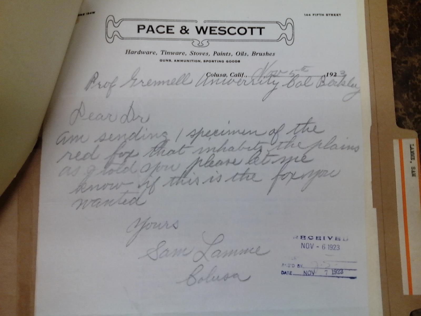 Sam Lamme’s first letter to Joseph Grinnell regarding the fox specimen, dated 5 November, 1923.